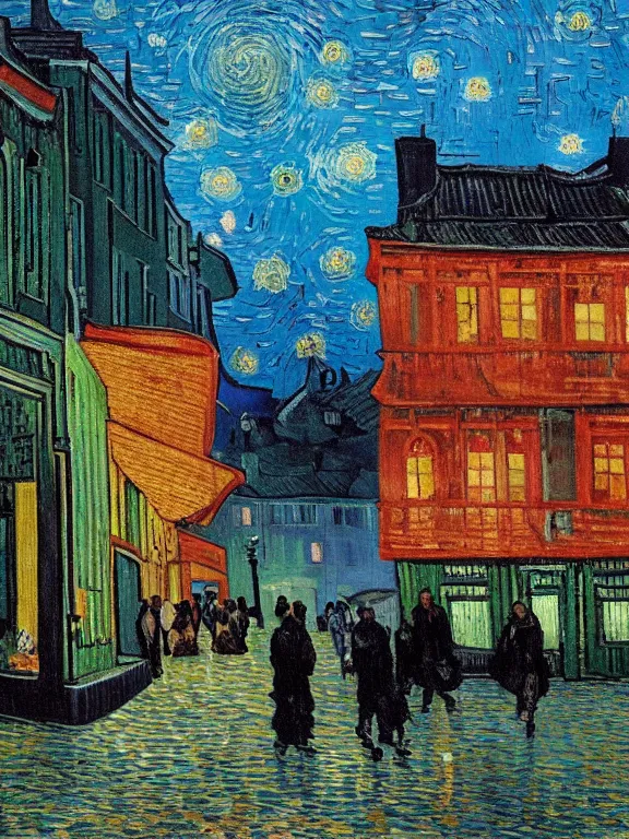 Image similar to van gogh painting of low residential building in russian suburbs, lights are on in the windows, deep night, post - soviet courtyard, cozy atmosphere, light fog, street lamps with orange light, several birches nearby, several elderly people stand at the entrance to the building