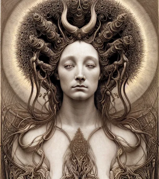 Image similar to detailed realistic beautiful horned goddess face portrait by jean delville, gustave dore, iris van herpen and marco mazzoni, art forms of nature by ernst haeckel, art nouveau, symbolist, visionary, gothic, neo - gothic, pre - raphaelite, fractal lace, intricate alien botanicals, biodiversity, surreality, hyperdetailed ultrasharp octane render