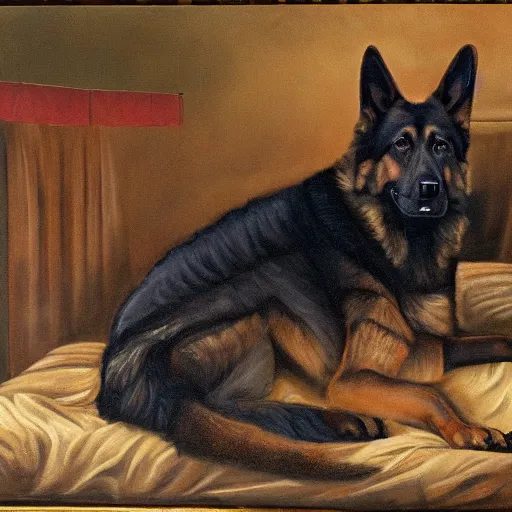 Image similar to a oil painting of a humanoid german shepherd beast - man, wearing military outfit, sitting on the carpeted floor beside a bed