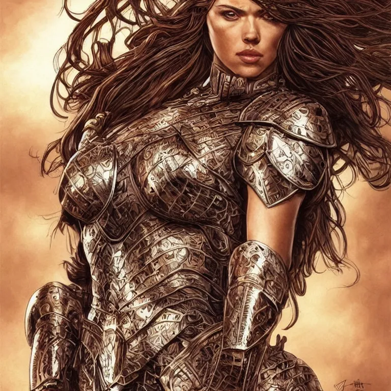 Prompt: scarlett johannson as an amazon warrior, a tall beautiful woman with brown skin and long hair, dressed in hellenistic body armor, intricate, elegant, highly detailed, smooth, sharp focus, detailed face, high contrast, graphic novel, art by ardian syaf