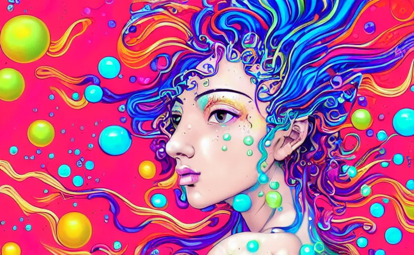 Prompt: a digital painting of a woman with colorful hair made of curly and splashing liquid and bubbles, intricate mechanical details, futuristic, a pop art painting by tomokazu matsuyama, behance contest winner, psychedelic art, psychedelic, 2 d, digital illustration, trending on artstation, anime stylized, accurate fictional proportions, high delicate defined details, ethereal lighting