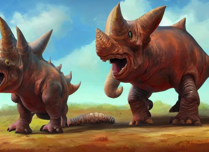 Image similar to character design for a cute triceratops for kids game, oil painting by jama jurabaev, extremely detailed, brush hard, artstation, for aaa game, high quality, brush stroke
