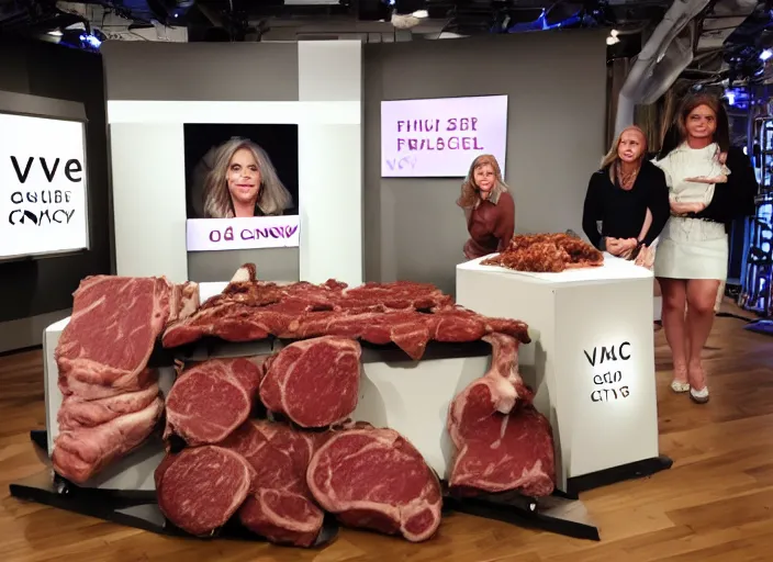 Image similar to qvc tv show product showcase pile of nasty meat men flesh, studio lighting, limited time offer, graphics $ 9 9 call now
