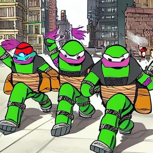 Image similar to teenage mutant ninja turtles as minecraft characters fighting shredder in the streets of new york