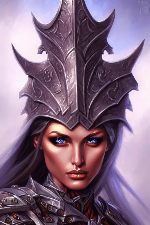 Image similar to female model, fantasy armor, detailed face, tony sart