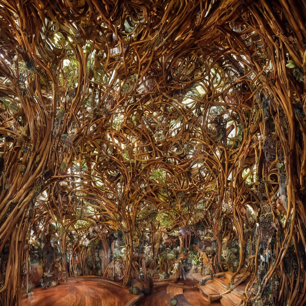 Image similar to bizarre surreal art nouveau japanese celtic hippie fairytale polynesian biomorphic interior architecture in live natural wood, inside vast cinematographic opening shot, sharp details, beautiful artistic masterpiece of photography