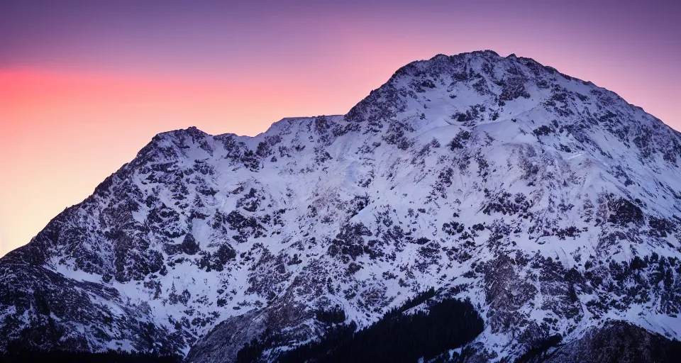 Image similar to professional photo of a snow topped mountain lit by the sunset