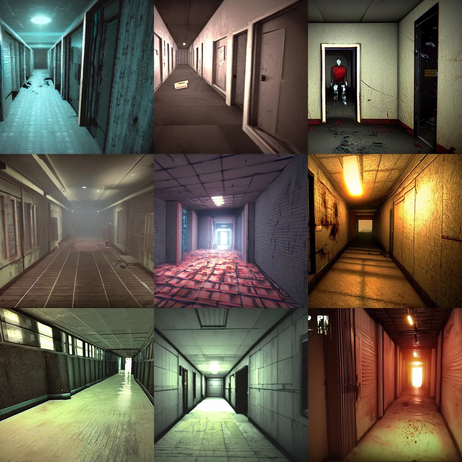 Prompt: unity horror fps game themed around vhs tapes, tape corridor, found footage, vray