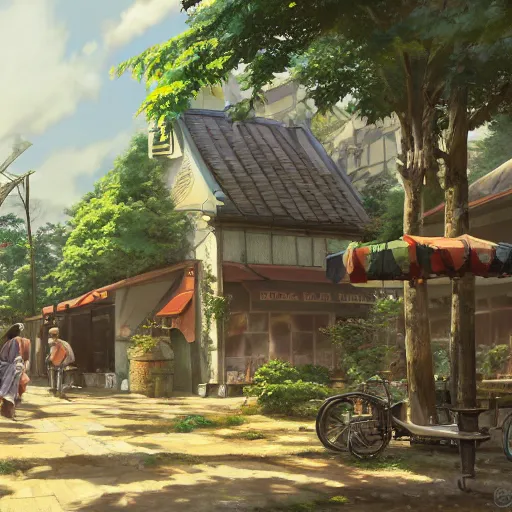 Image similar to concept art painting of a historic bakery with european and japanese architecture, in a forest village surrounded by trees, realistic, detailed, cel shaded, in the style of makoto shinkai and greg rutkowski and james gurney