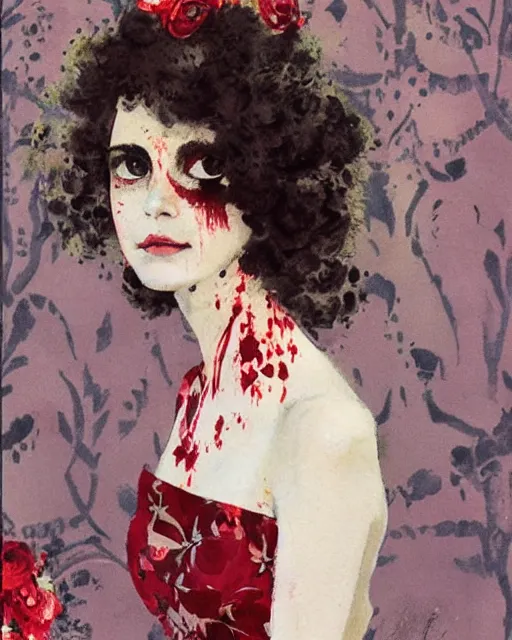 Prompt: a beautiful but sinister girl in layers of fear, with haunted eyes and curly hair, 1 9 7 0 s, seventies, floral wallpaper, delicate embellishments, a little blood, crimson, painterly, offset printing technique, by coby whitmore