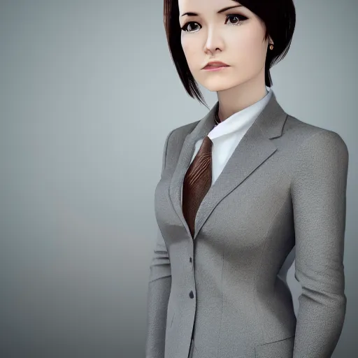 Image similar to woman in grey business suit, brown neat hair, pixiv, fanbox, trending on artstation, portrait, modern, sleek, highly detailed, formal, serious, determined, competent, colorized, smooth, charming, pretty, safe for work