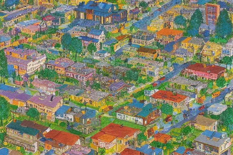 Image similar to an elaborate and dense painting of a peaceful neighborhood, detailed, made of alcohol ink on parchment and penned illustrations, by richard scarry and beeple