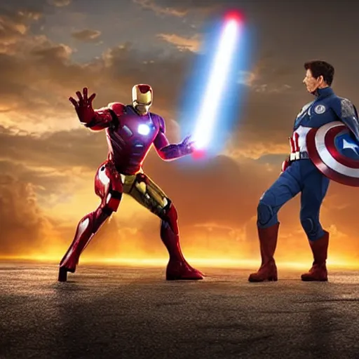 Image similar to iron man and captain america fighting with light sabers, 4k, ultra detailed