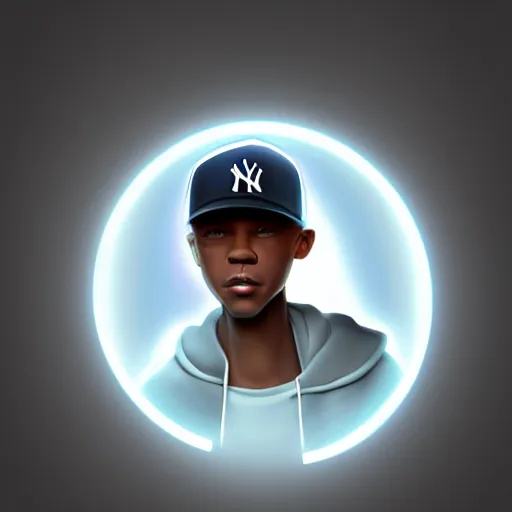 Prompt: black male teen wearing a yankees cap holding a glowing power orb. Trending on Artstation, octane render, ultra detailed, art by Ross tran