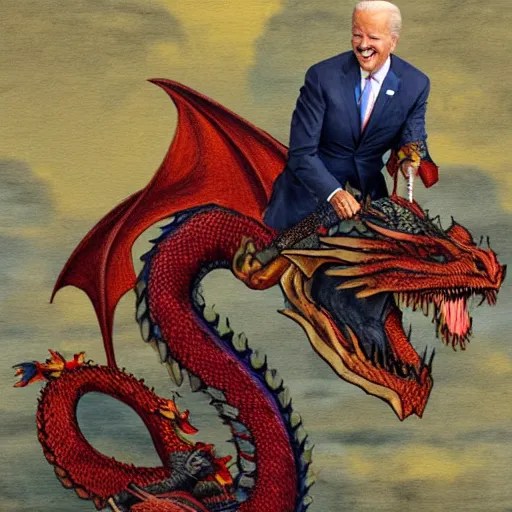 Image similar to Joe Biden riding a dragon, detailed