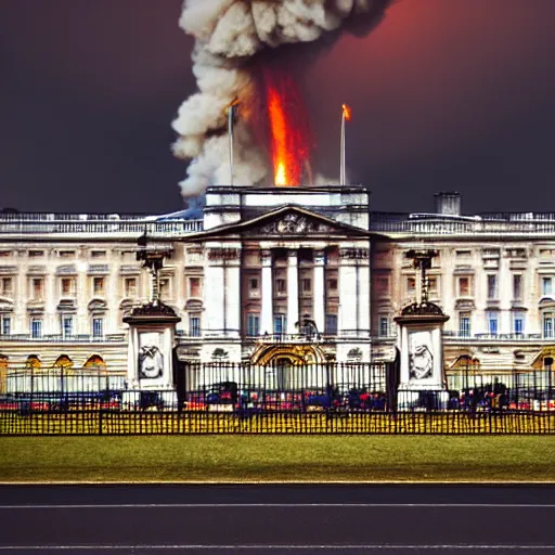 Prompt: photography of Buckingham palace collapsing in flames, cinematic, rule of thirds, golden ratio, evening