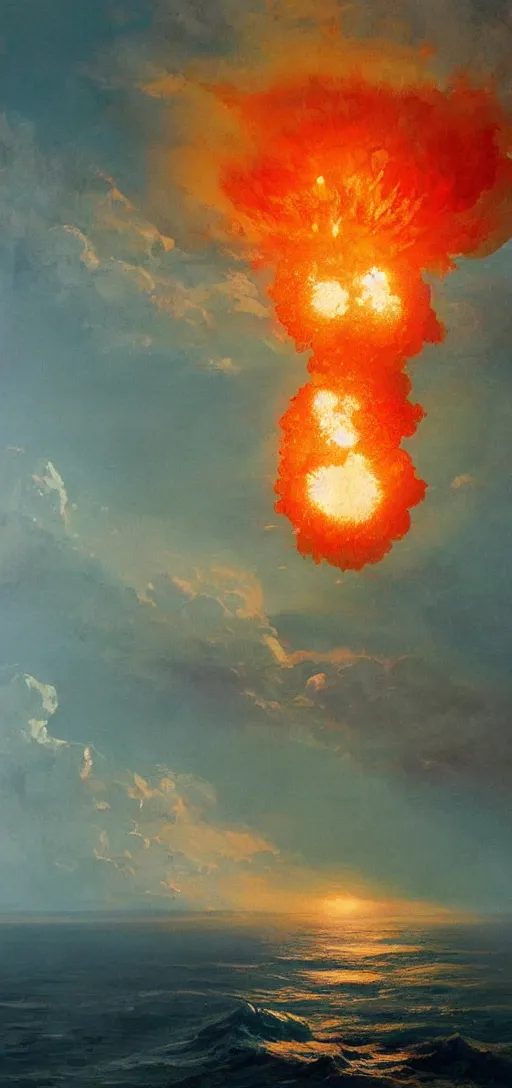 Prompt: a paper maché nuclear explosion over the Pacific Ocean, awe, bright, by greg rutkowski