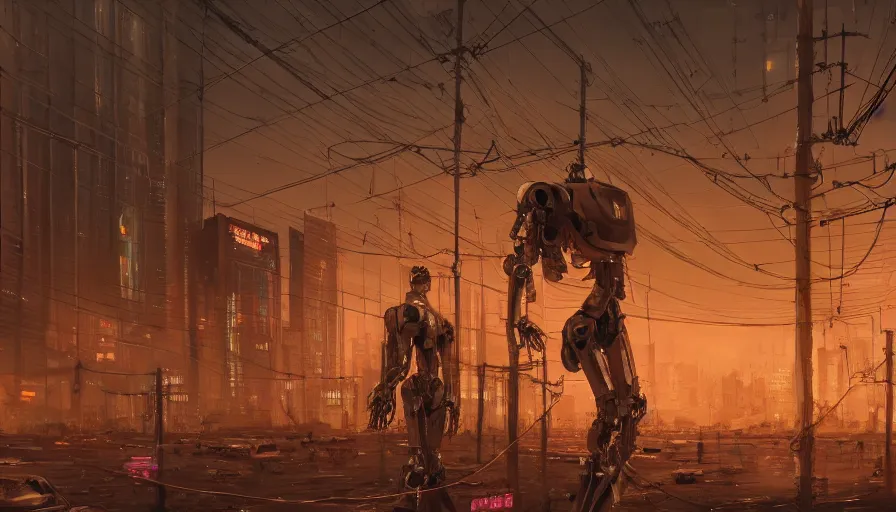 Image similar to a detailed concept painting of half a robot torso hanging by wires in a desolate cyberpunk environment filled with computers, soft lighting, digital art, artstation, oil on canvas