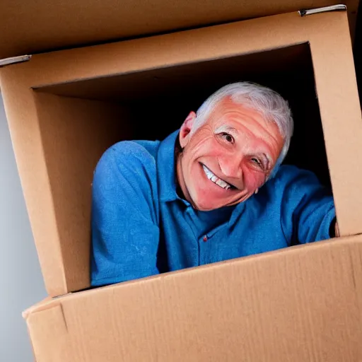 Image similar to an smiling old man hiding in a box