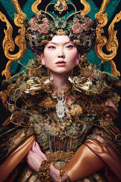 Image similar to a beautiful empress portrait, with a brilliant, impossible striking big Cat headpiece, clothes made of cats, everything cats, symmetrical, dramatic studio lighting, rococo, baroque, greens, asian, hyperrealism, closeup, D&D, fantasy, intricate, elegant, highly detailed, digital painting, artstation, octane render, 8k, concept art, matte, sharp focus, illustration, art by Artgerm and Greg Rutkowski and Alphonse Mucha