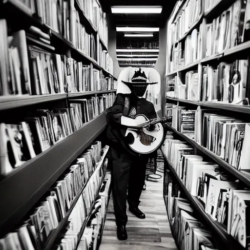 Prompt: “a portrait of an alien mariachi band in a book store, Sigma 24mm f/8”