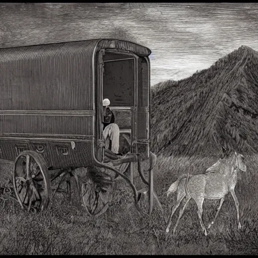 Prompt: a man in old fashioned clothes waits by the side of the road with his suitcase, looking at a coach with 4 horses is in front of him, night time in the mountains highly detailed in the style of edward gorey, artgerm, 8 k resulution - c 5