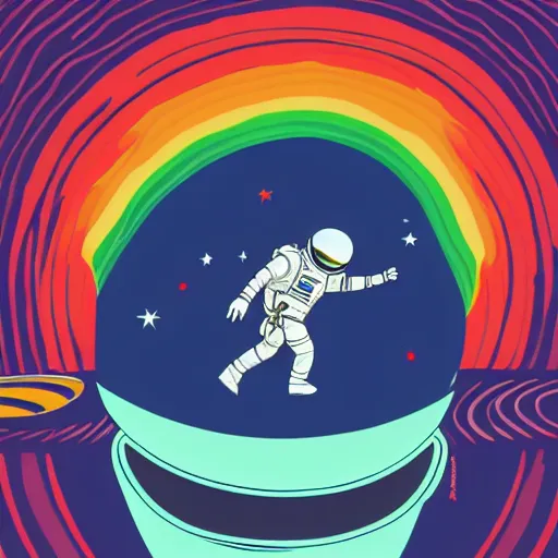 Prompt: space astronaut floating of away from the earth, complex wavy rainbow lines, particals and distortion, in the style of Ori Toor