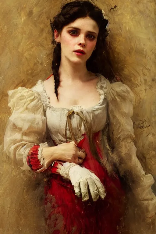 Image similar to Solomon Joseph Solomon and Richard Schmid and Jeremy Lipking victorian genre painting full length portrait painting of a young beautiful woman traditional german french actress model pirate wench in fantasy costume, red background