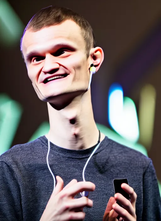 Image similar to vitalik buterin in headphones. vitalik buterin, close up, perfect symmetric face, coherent eyes, pixar, disney, beautiful smiling face, high detail, very sharp, 4 k