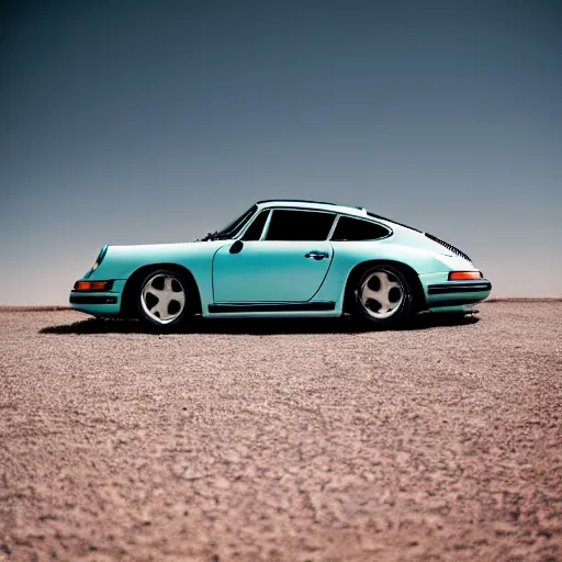 Image similar to porsche in the middle of the desert, professional photography, vaporwave