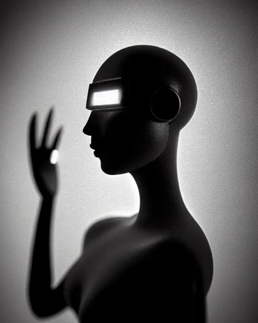 Image similar to black and white high quality photo of a beautiful female AI vegetal-cyborg looking into a sci-fi mirror, volumetric lighting, liminal space, brutalism, foggy, dreamy, hyperdetailed, bokeh, photorealistic, cinematic, masterpiece, elegant, dark, by Man Ray in the style of Horst P. Horst, octane render, 8K,