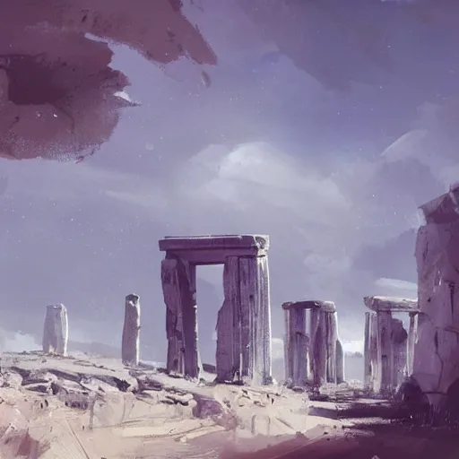 Prompt: concept art by ismail inceoglu of a small, white marble cliff in a meditereanian landscape, with stone henge on top