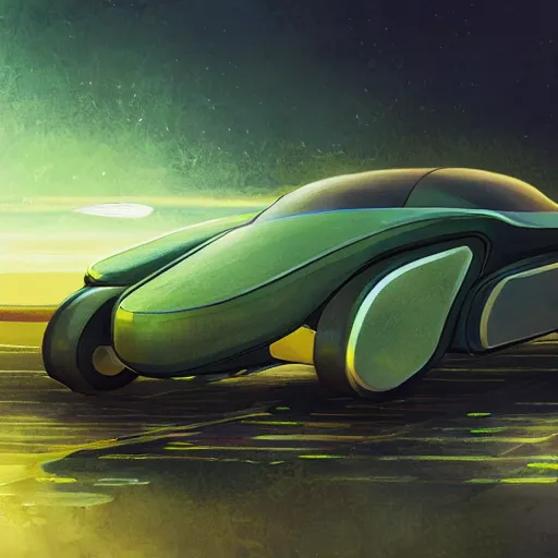 Image similar to solarpunk hovercar, clean energy, green technology, batoidea shape, highway, sunny day, futurism, intricate, engines, glow, highly detailed, peaceful, utopia, bright, digital painting, artstation, concept art, smooth, sharp focus, epic landscape, art by akihiko yoshida and tim mcburnie and anato finnstark