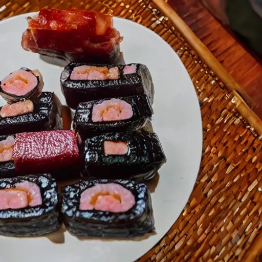 Image similar to Tom Holland eating spam musubi