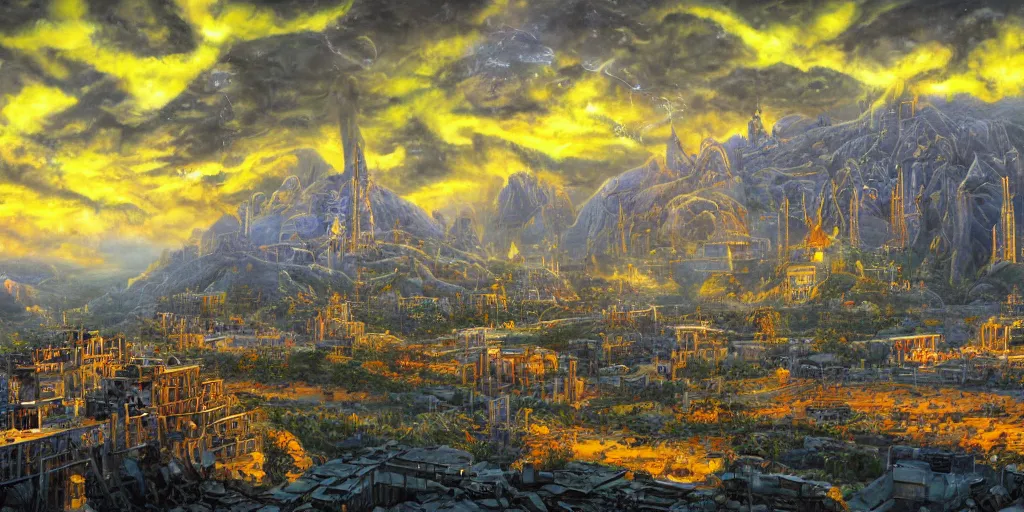 Image similar to fantasy oil painting, gleaming silver mega structure city, antep, argos, indore, kailasa, ellora, hybrid, looming, small buildings, warm lighting, street view, overlooking, epic, interstellar space port launching dock, distant mountains, bright clouds, luminous sky, cinematic lighting, michael cheval, david palladini, oil painting, natural tpose