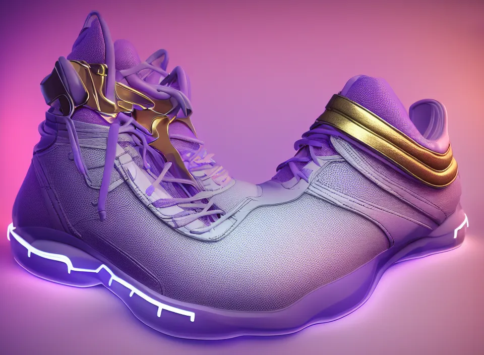 Image similar to realistic 3 d render of a futuristic sneaker, beautiful studio lighting, soft, sharp focus, neon glowing lines, intricate detail, purple and blue leather, soft white rubber, shiny plastic, hexagon mesh, gold filigree, octane render, side view, close up, trending on artstation, deviantart, asics, salomon