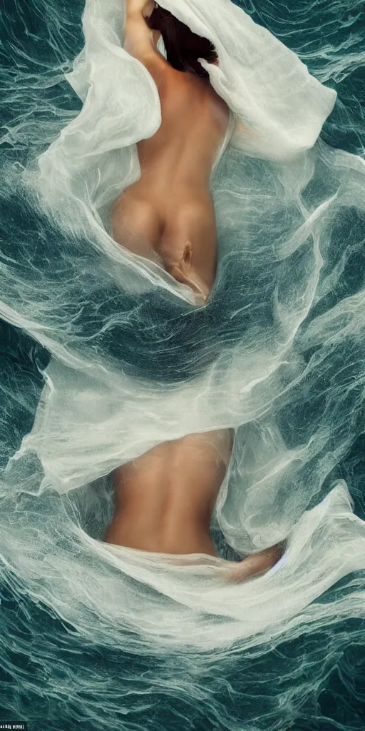 Prompt: a figure of an attractive beautiful female human body floating among the waves, hidden behind torn cloth swirling violently
