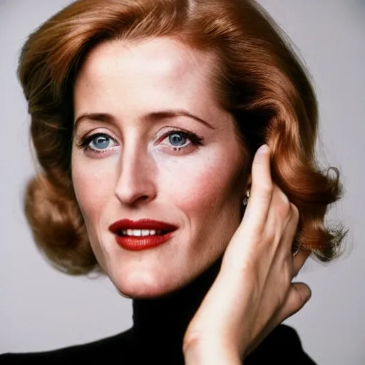 Prompt: photo of a gorgeous 30-year-old Gillian Anderson with a 1970s hairstyle by Mario Testino, detailed, head shot, award winning, Sony a7R -