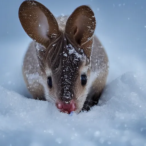 Prompt: unicorn mouse searching for food in the snow, macro shot, soft light of winter, award winning photo, national geographic,