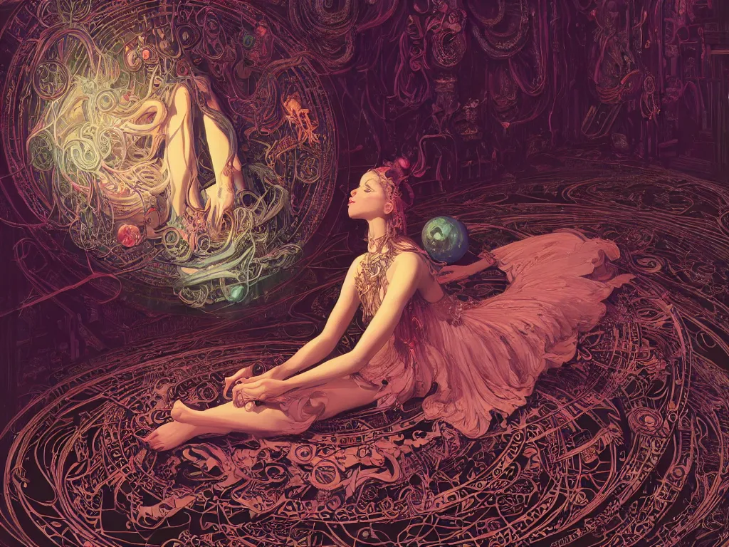 Image similar to high angle picture of a maximalist dress witch sitting on the floor and researching about the azathoth, extremely beautiful and aesthetic and detailed cute face, very huge magic circles on the hand, with familiar sprites, in the magic room, chiaroscuro, intricate, masterpiece, fantasy illustrations by ilya kuvshinov and jeremy lipking and quentin mabille