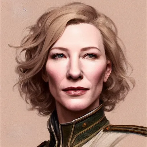 Image similar to Portrait of cate blanchett as a military officer, intricate, headshot, highly detailed, digital painting, artstation, concept art, sharp focus, cinematic lighting, illustration, art by artgerm and greg rutkowski, alphonse mucha, cgsociety