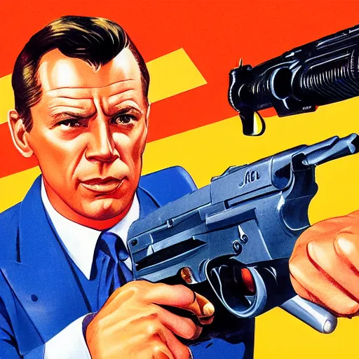 Image similar to propaganda poster of joe biden pointing gun directly at camera in james bond movie, closeup of gun, visible barrel and grip by j. c. leyendecker, bosch, lisa frank, jon mcnaughton, and beksinski