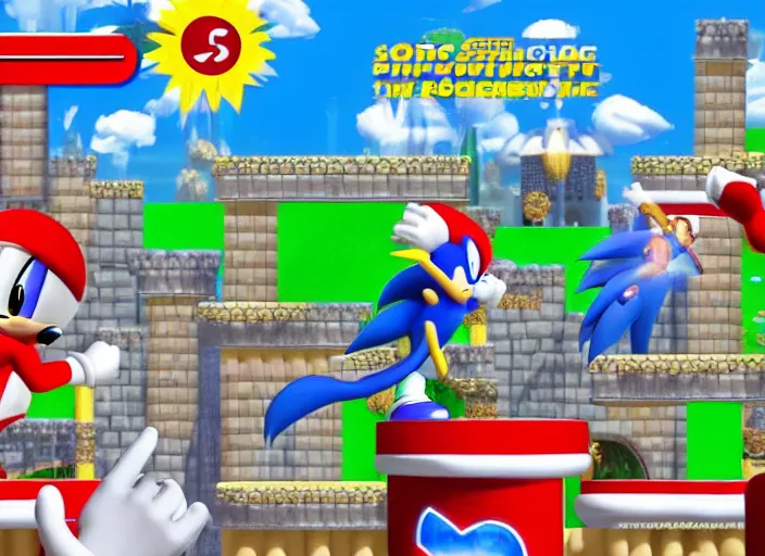 Image similar to sonic the hedgehog and super mario fighting side by side against dr robotnik and bowser on a castle