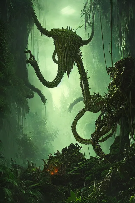 Image similar to giant alien queen in the Jungle, lovecraftian creature, dramatic lighting, cinematic, establishing shot, extremly high detail, foto realistic, cinematic lighting, post processed, concept art, artstation, matte painting, style by eddie mendoza, raphael lacoste, alex ross