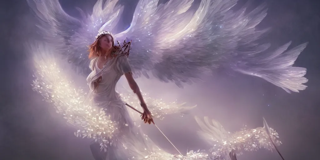 Image similar to An angel with white wings shooting luminous arrows with a bow on a country landscape covered with flowers, the arrows create flowers when they hit the country floor, inspired by Amandine Van Ray, Christophe Vacher, trending on artstation, heavenly colors, volumetric lighting