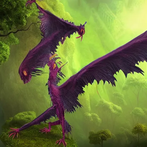 Image similar to a feather dragon with wings spread out and an open mouth flying over high cliffs and jungles with large trees and vines, fantasy, 8k, realistic