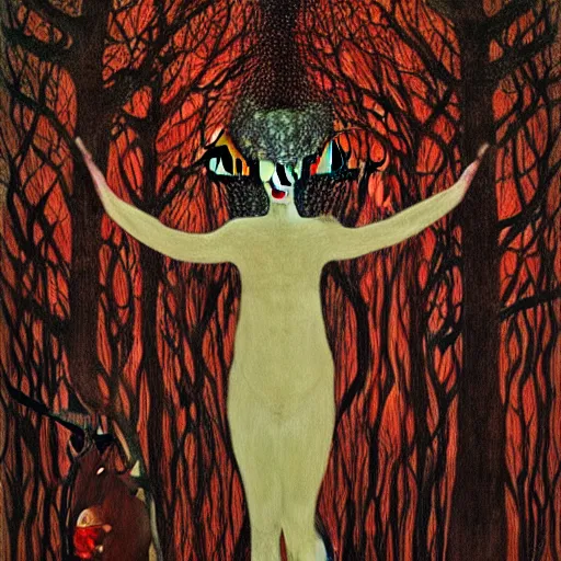 Prompt: A tall, dark forest god, with antlers, red eyes, forest, 3am, mist, moon, dark forest, red eyes in the style of Klimt