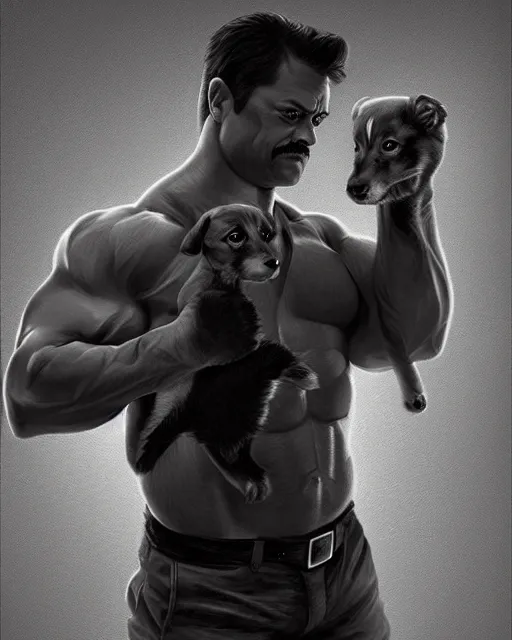 Image similar to gigachad ron swanson bodybuilder holding a cute puppy in final fight mountain by ilya kuvshinov, ernest khalimov body by krista sudmalis, fantasy character portrait, ultra realistic, concept art, intricate details, elegent, digital painting, smooth, sharp focus, illustration, art by artgerm and greg rutkowski and alphonse mucha, artstation