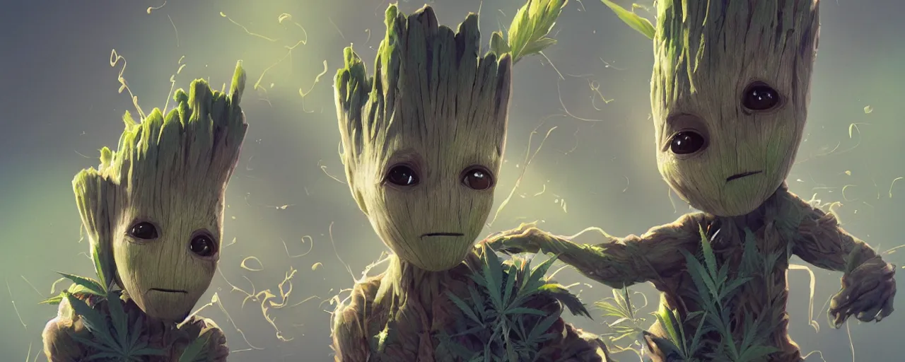 Image similar to duotone concept illustration 3 / 4 portrait of baby groot wearing cannabis hat, hemp, marijuana!, cinematic volumentric lighting, jim cheung, david marquez, mike deodato jr, ilya kuvshinov, makoto shinka, behance hd by jesper ejsing, by rhads, hyper detailed, octane render, concept art, artstation