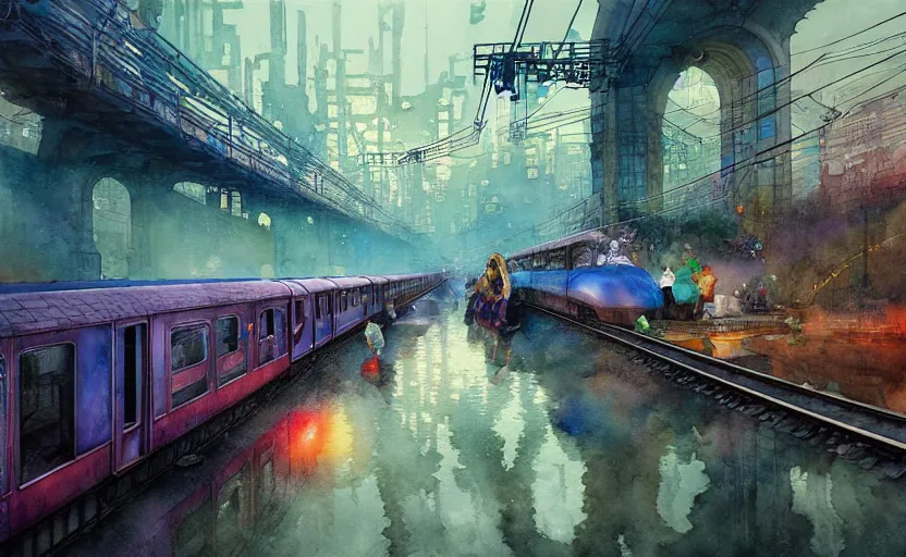 Image similar to an urban train rides inside of a waterway on a fantasy city. intricate, amazing composition, colorful watercolor, by ruan jia, by maxfield parrish, by marc simonetti, by hikari shimoda, by robert hubert, by zhang kechun, illustration, gloomy